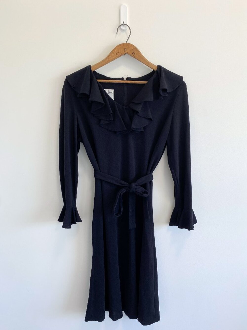 Vintage Black Ruffle Dress w/ Tie Belt / 70s / Made in Canada
